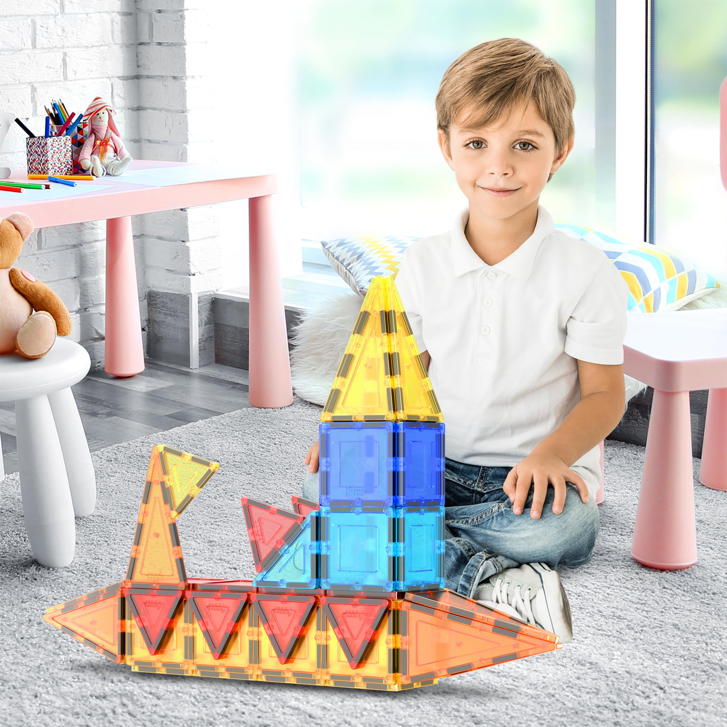 PicassoTiles magnetic tiles close-up highlighting clear surfaces for precise placement and play.