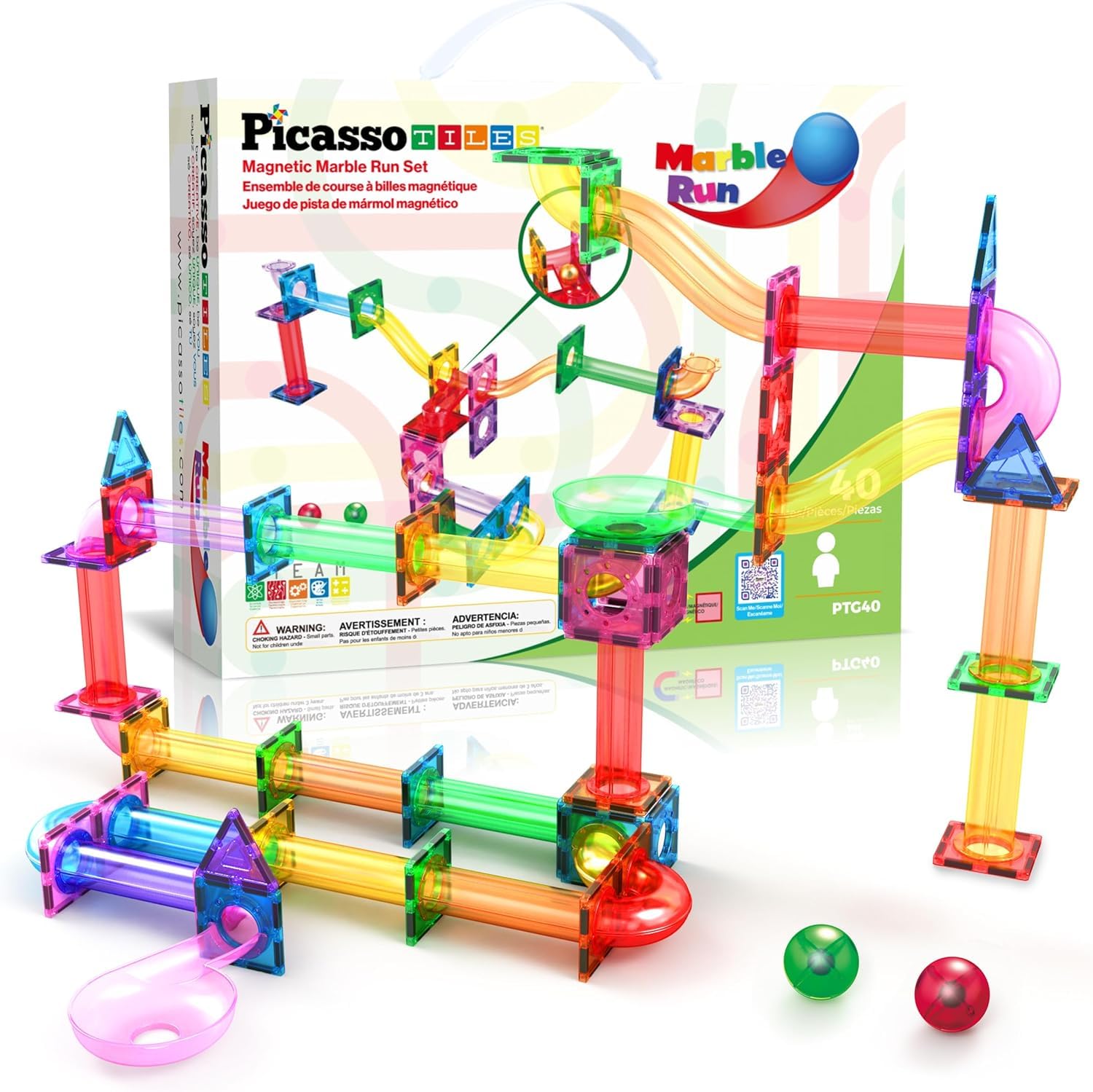 PicassoTiles magnetic tiles marble run in rainbow colors for creative problem solving.