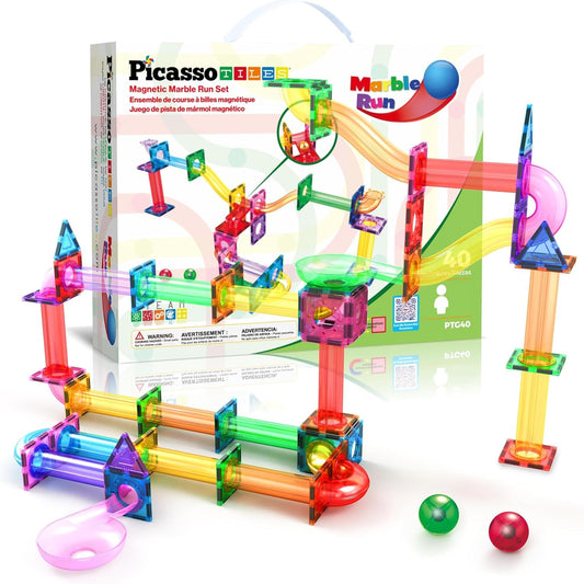 PicassoTiles magnetic tiles marble run in rainbow colors for creative problem solving.