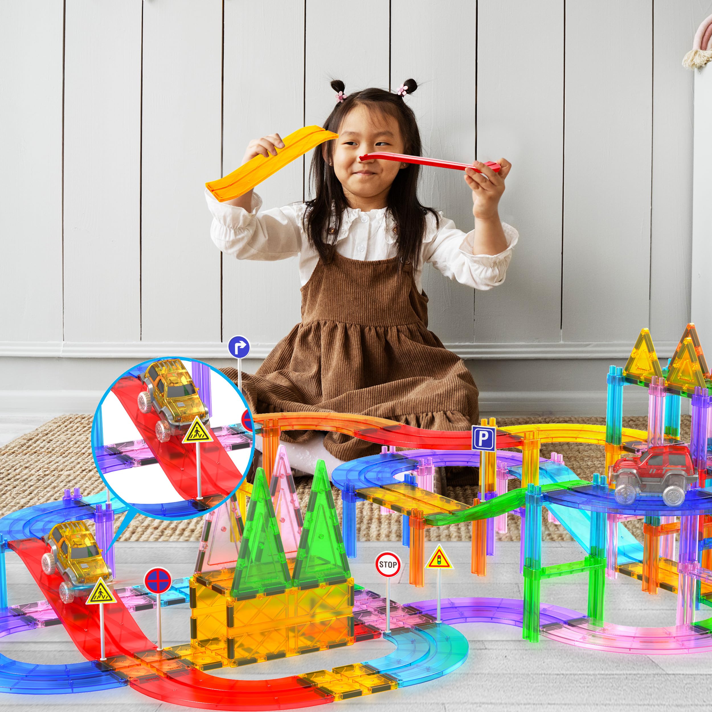 PicassoTiles magnetic tiles ramps close-up highlights strong magnets for quick builds.