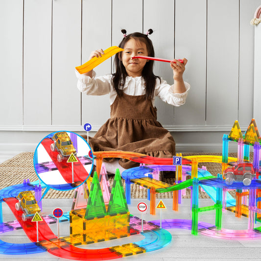 PicassoTiles magnetic tiles ramps close-up highlights strong magnets for quick builds.