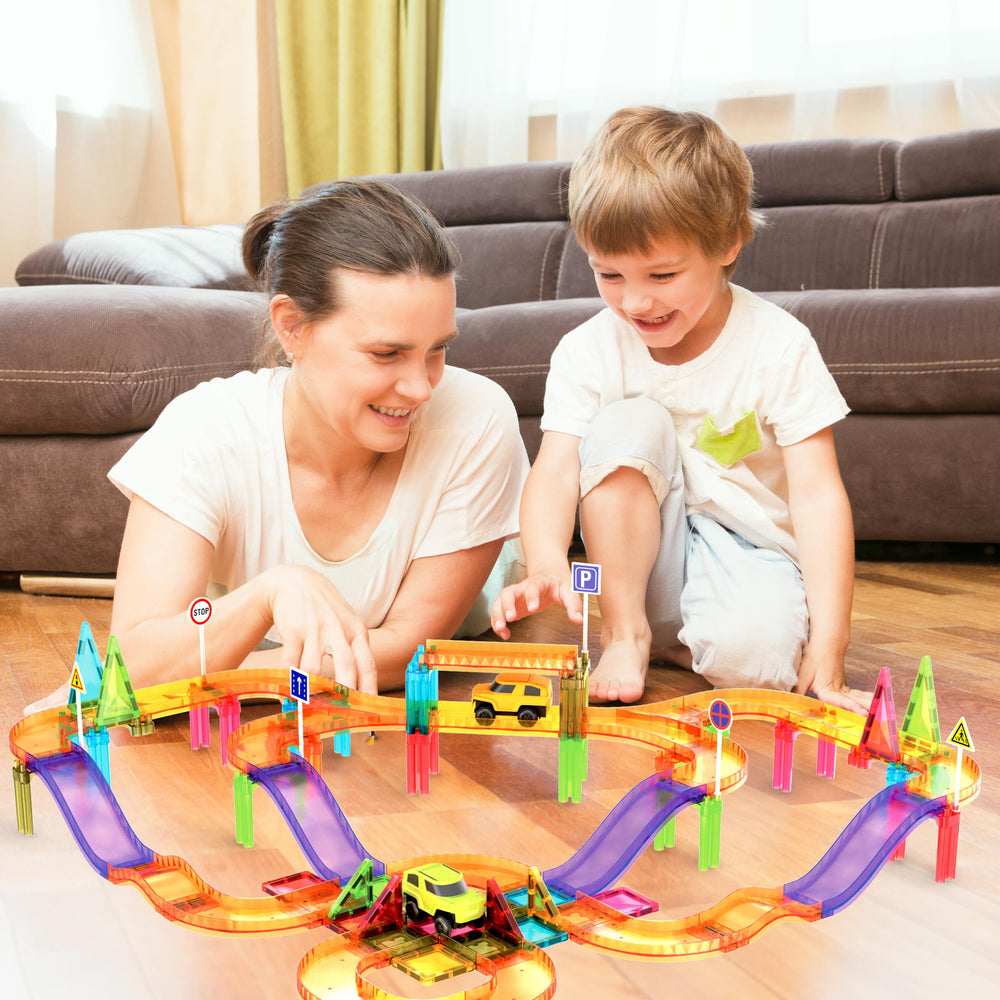 PicassoTiles magnetic tiles with ramps and slopes support hands-on motion and cause-effect learning.