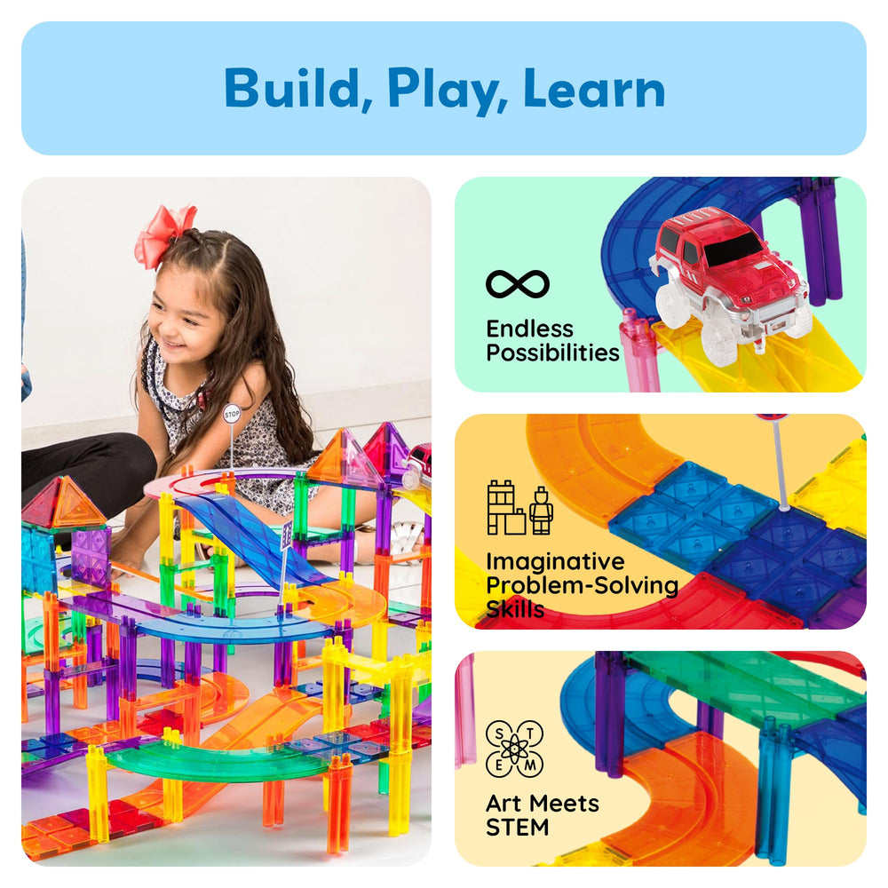 PicassoTiles magnetic tiles support fine motor skills and color recognition.