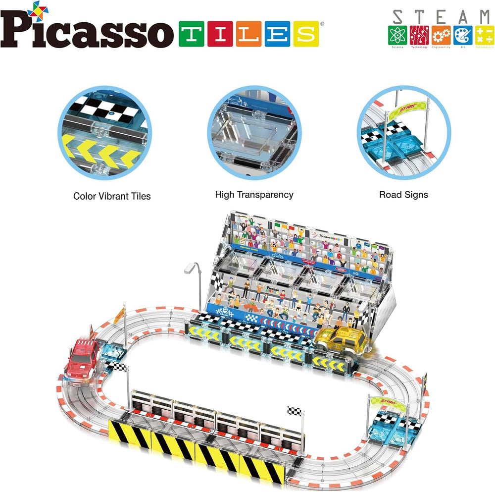 PicassoTiles magnets keep tracks secure during dynamic racing.