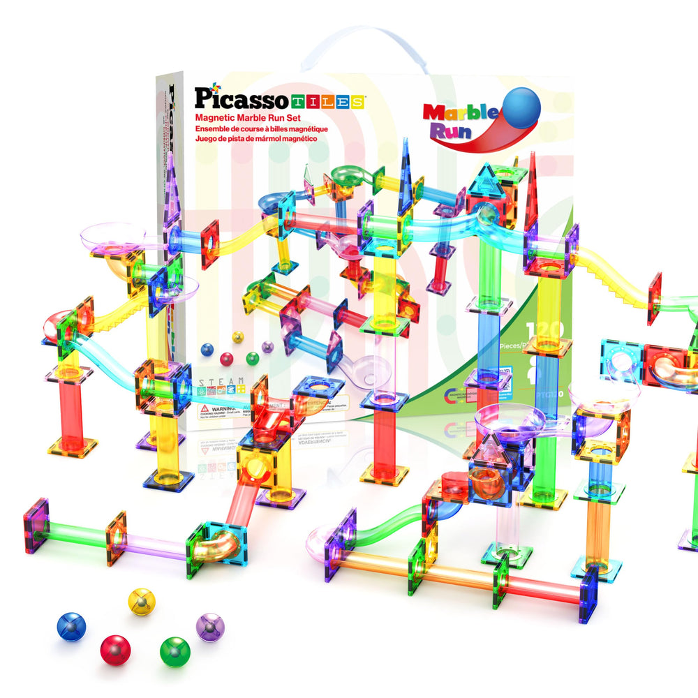 PicassoTiles 120pc marble run tiles ready for imaginative play and STEM exploration.