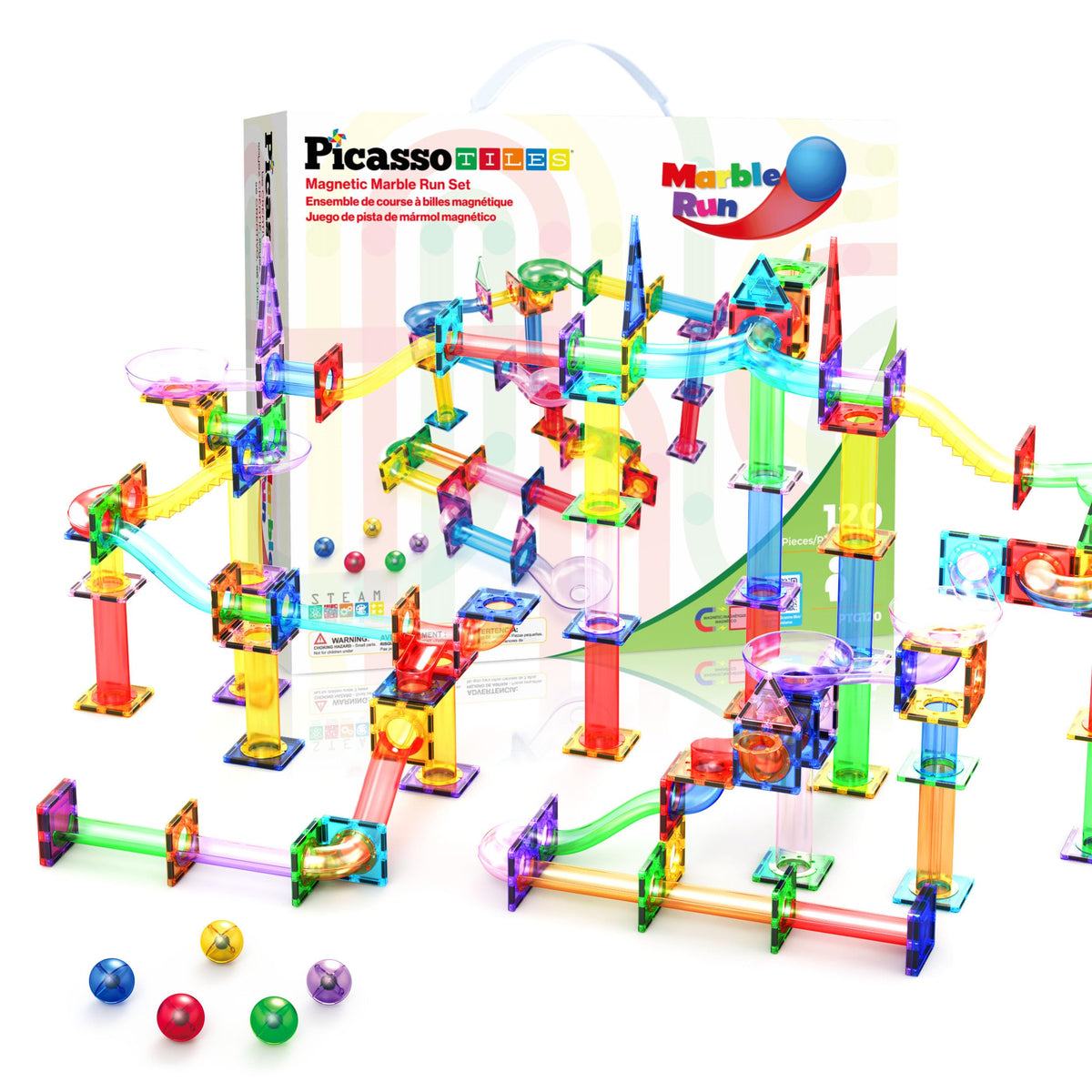PicassoTiles 120pc marble run tiles ready for imaginative play and STEM exploration.