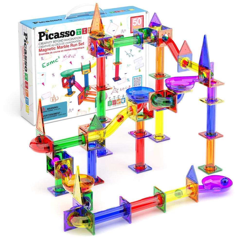 PicassoTiles marble run track engages kids in hands-on problem solving during play.
