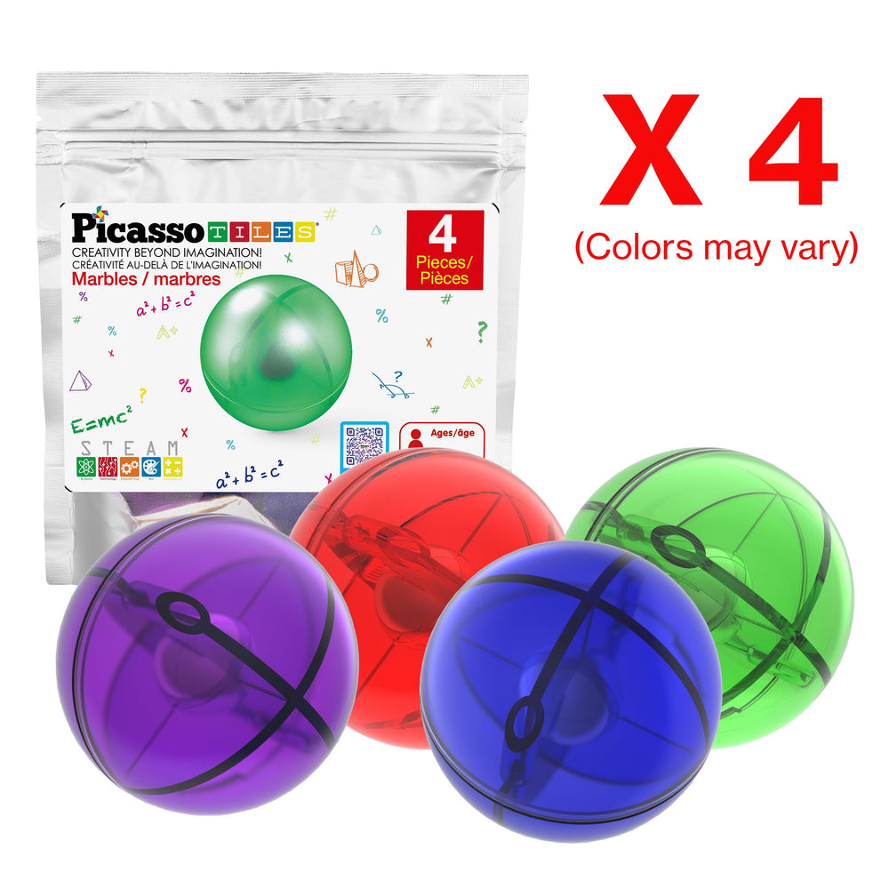 PicassoTiles bright marbles rolling through the track sparks color discrimination and motor skills.