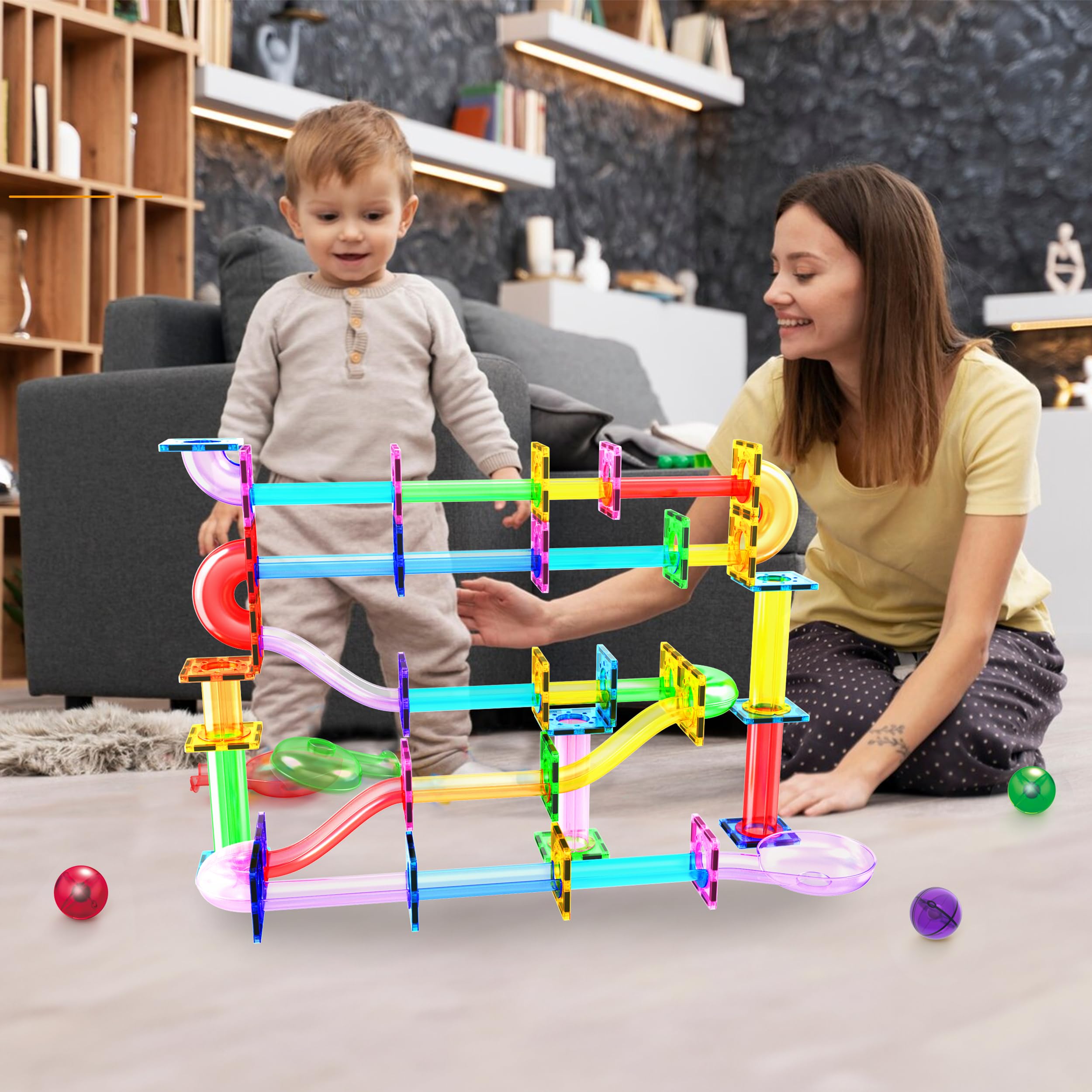 PicassoTiles magnetic tiles colorfully arranged for interactive play and spatial awareness.