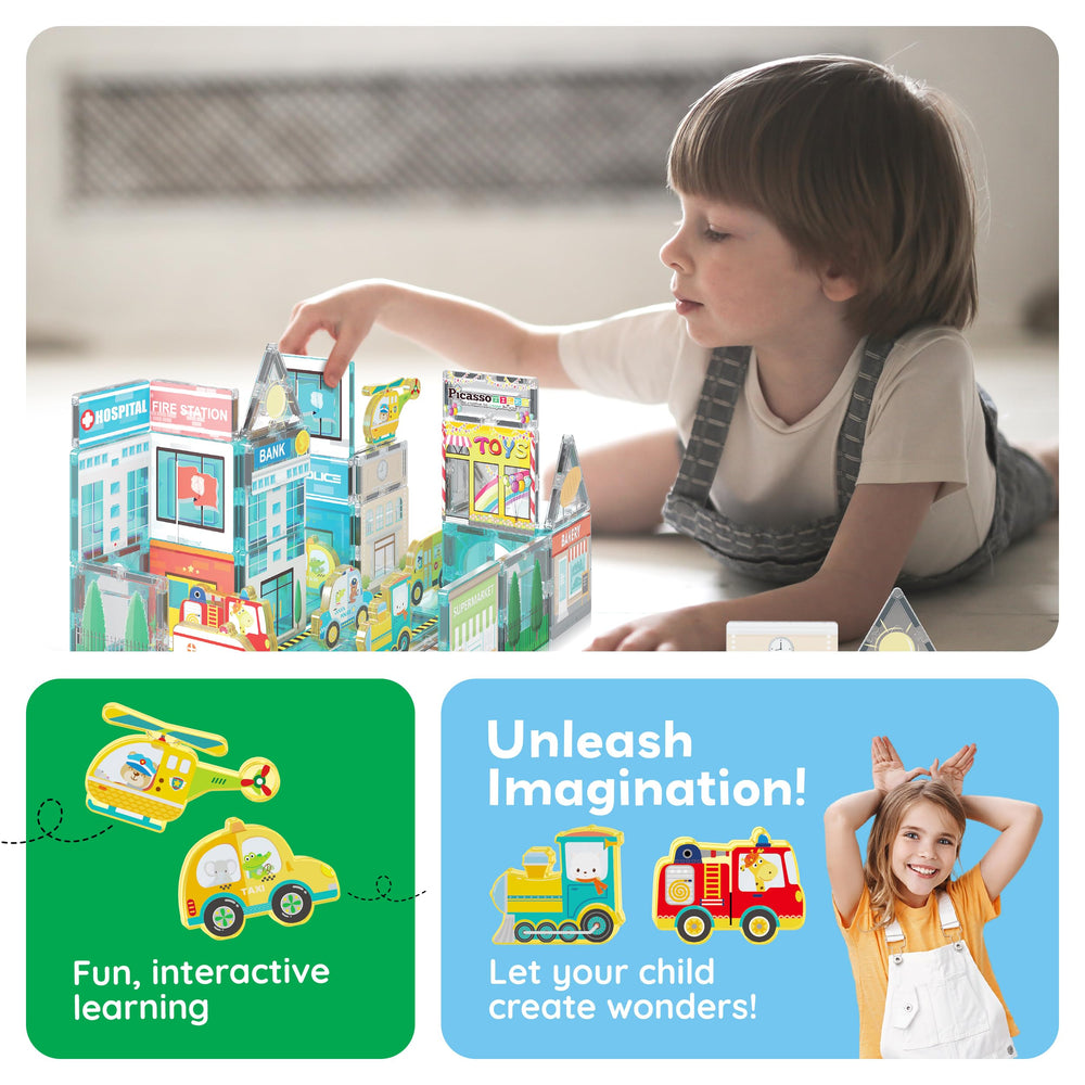 PicassoTiles Metro City building blocks allow creating structures and road networks.