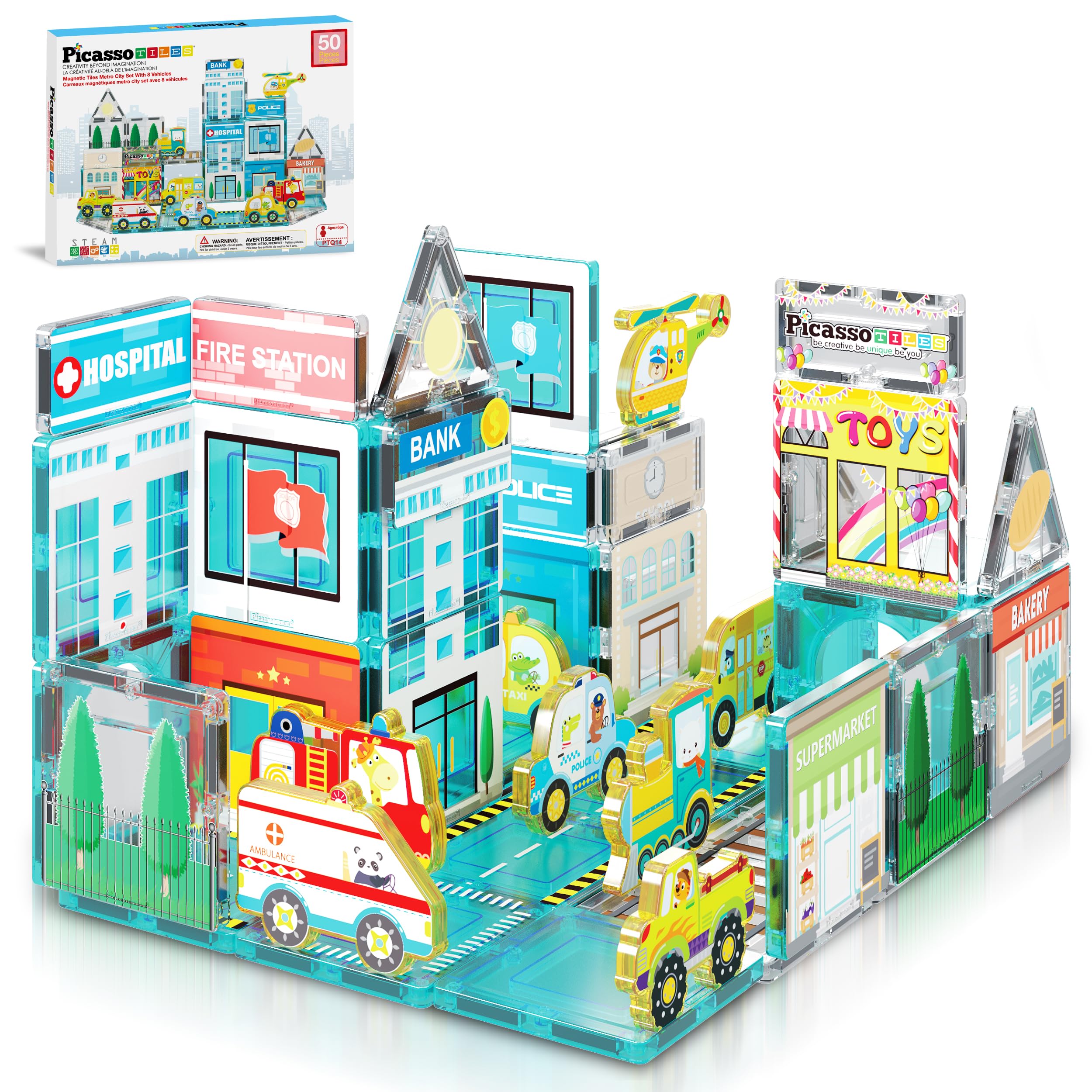 PicassoTiles Metro City Hospital magnetic tiles for imaginative city layouts and fine motor play.