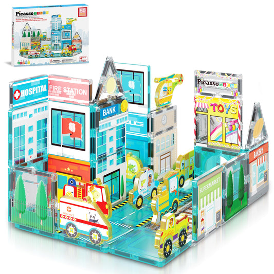 PicassoTiles Metro City Hospital magnetic tiles for imaginative city layouts and fine motor play.