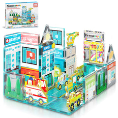 PicassoTiles Metro City Hospital magnetic tiles for imaginative city layouts and fine motor play.
