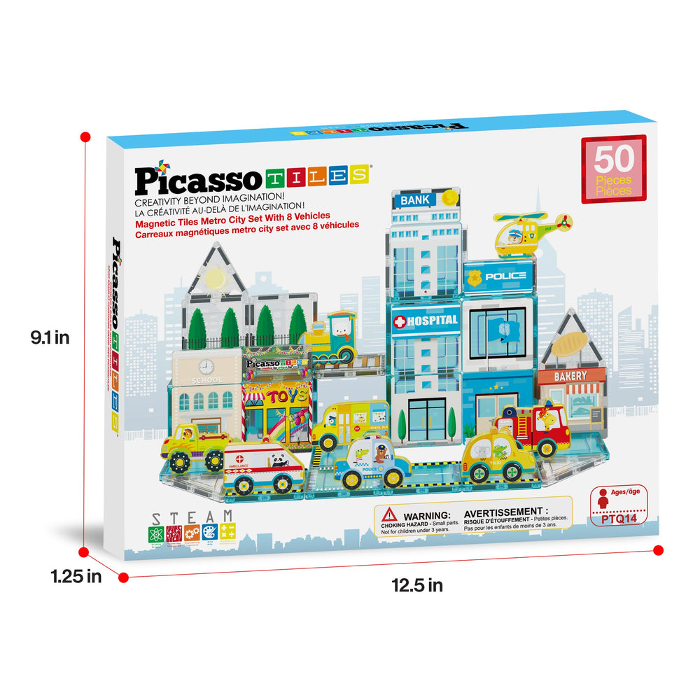 PicassoTiles Metro City packaging box displays contents and age guidance.