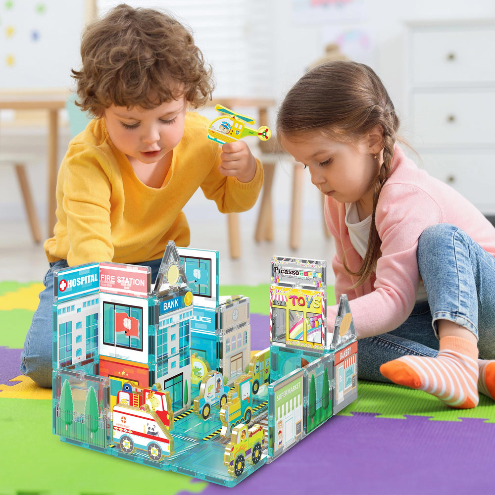 PicassoTiles Metro City vehicles for action-packed city builds and storytelling.