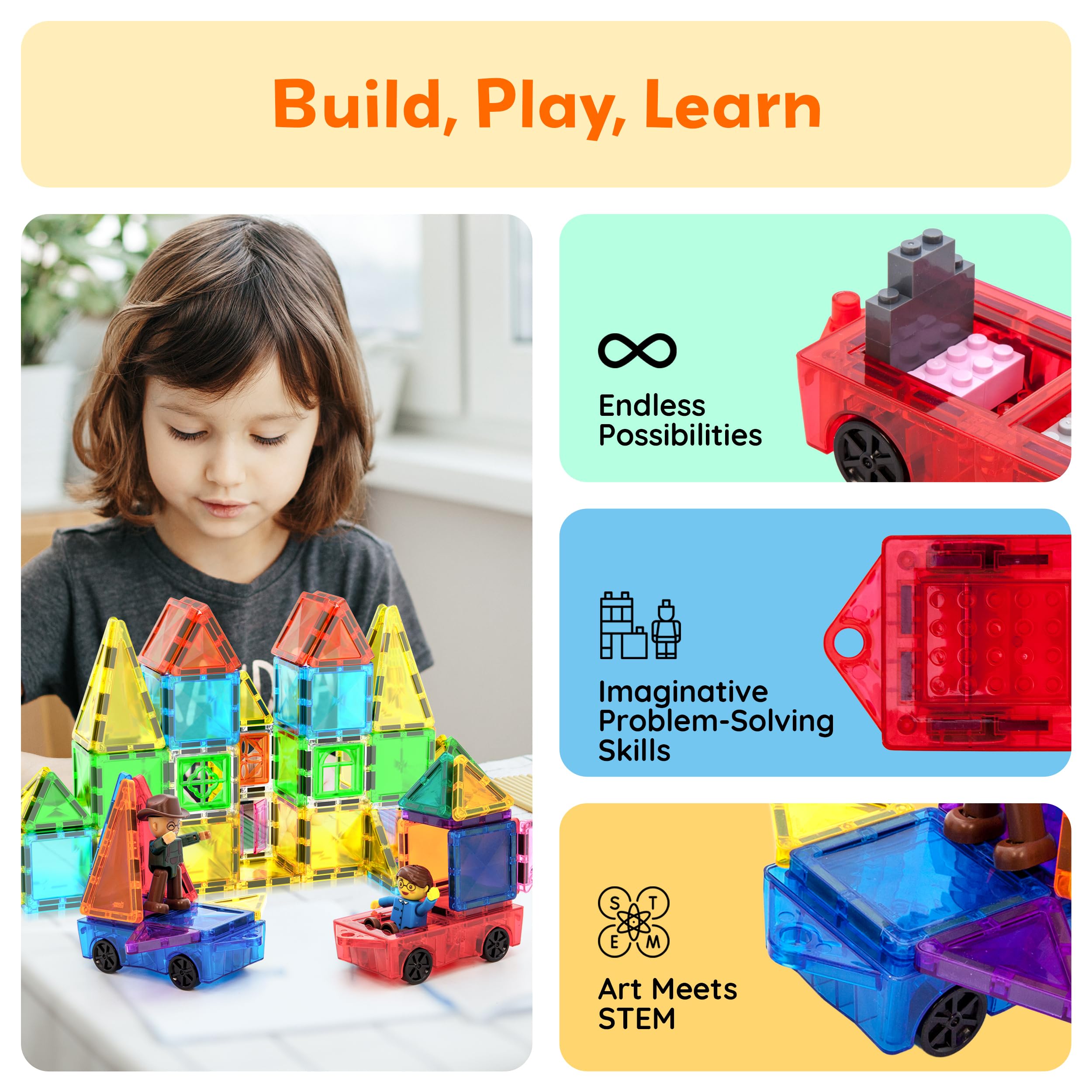 PicassoTiles mini diamond car blue side view, brick in middle plus figure insert for stories.