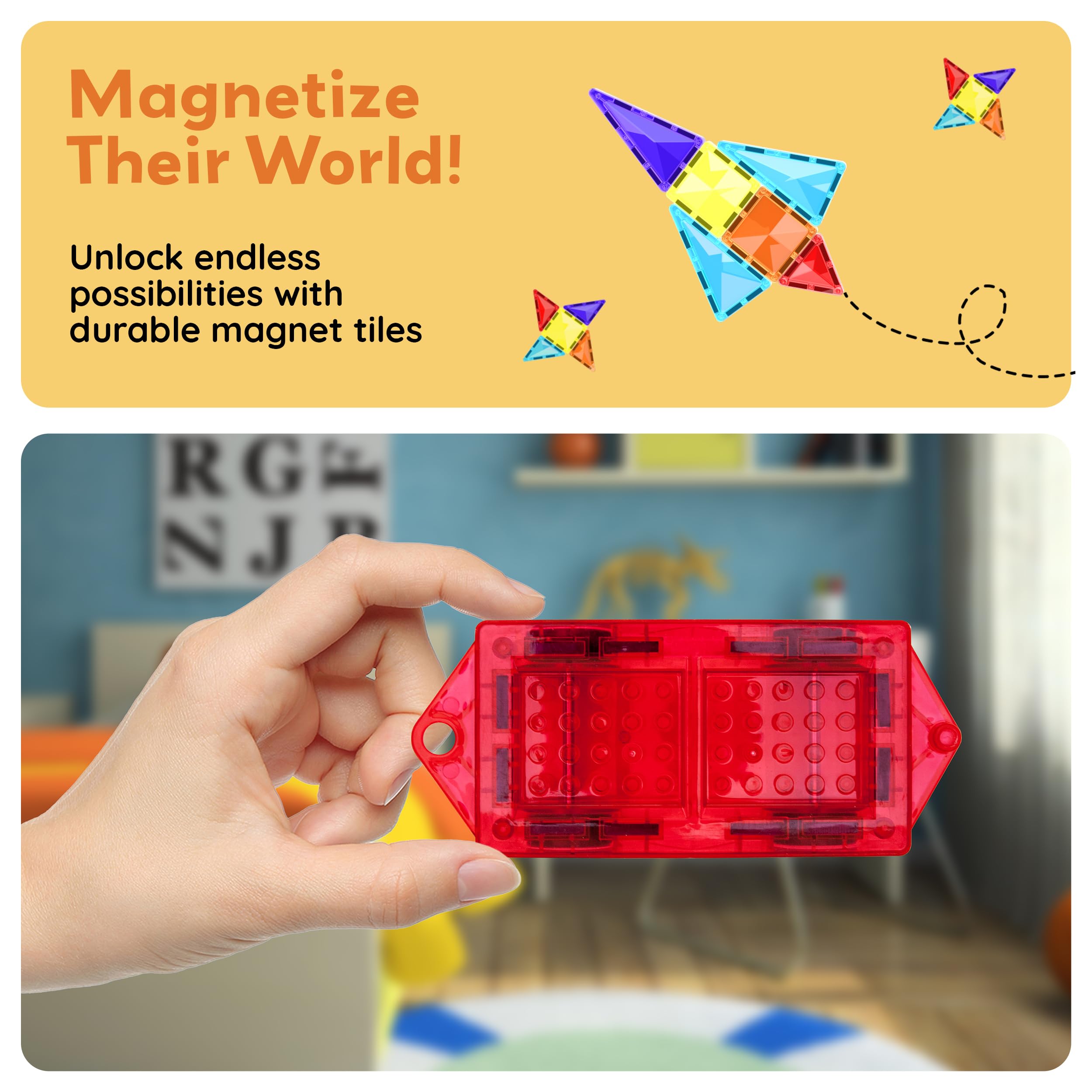 PicassoTiles mini diamond car dimensions highlighted for precise stacking and play.