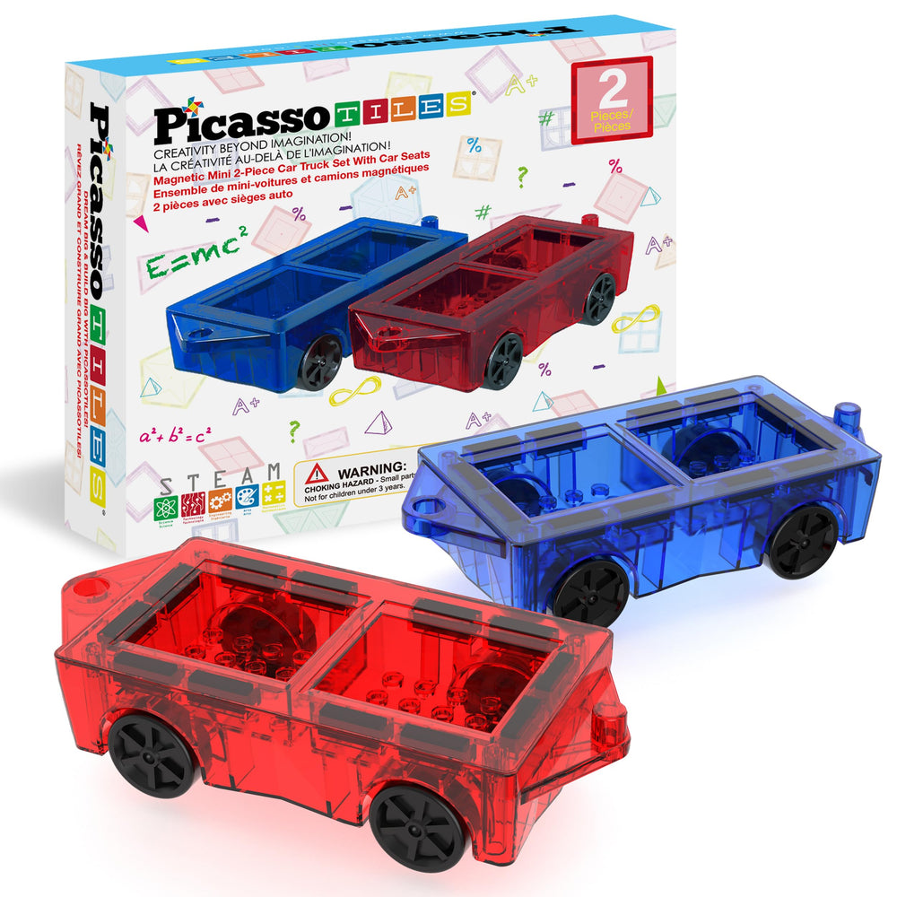 PicassoTiles mini diamond car red front view, ideal for compact hands and magnetic tile play.