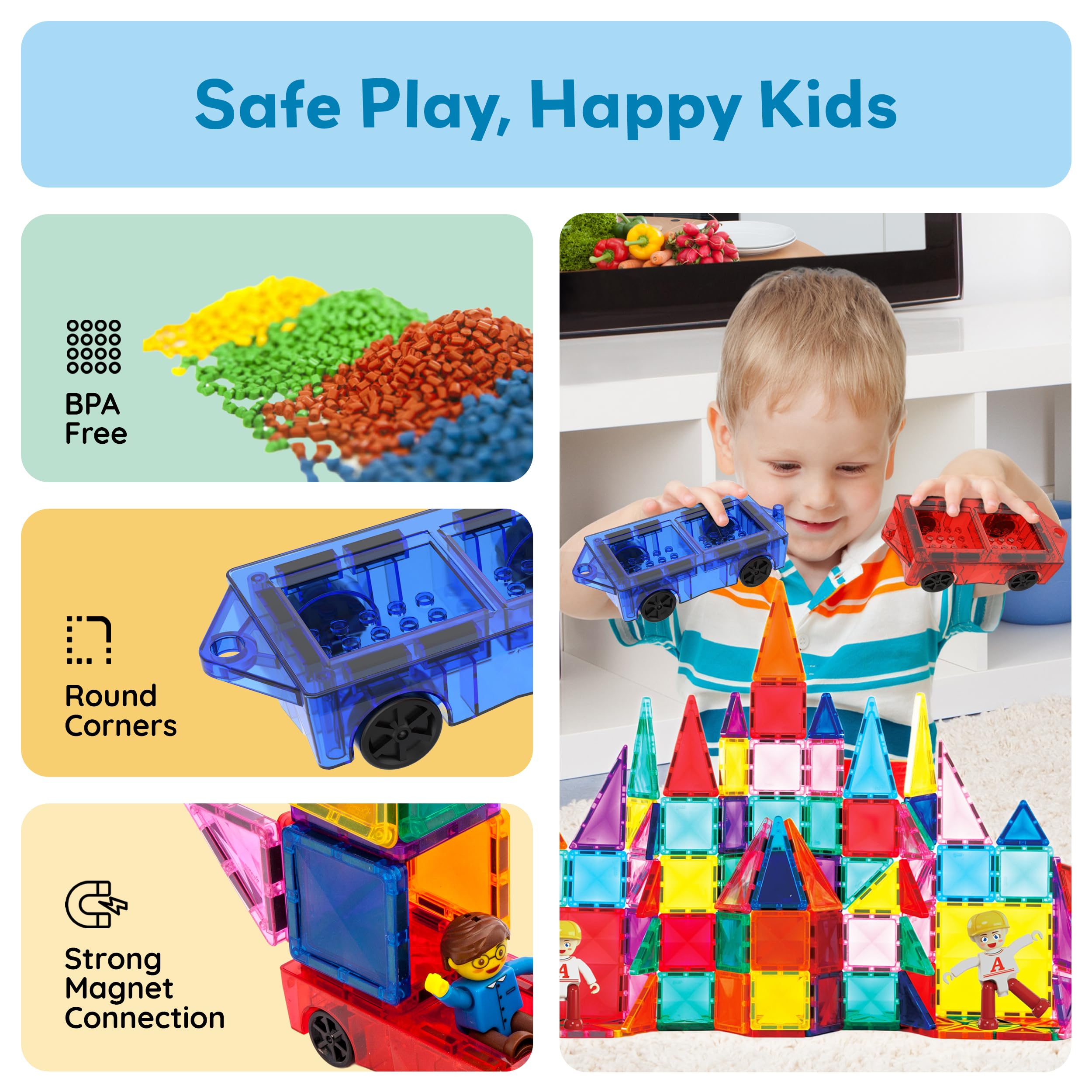PicassoTiles car with action figures; encourages interactive storytelling.