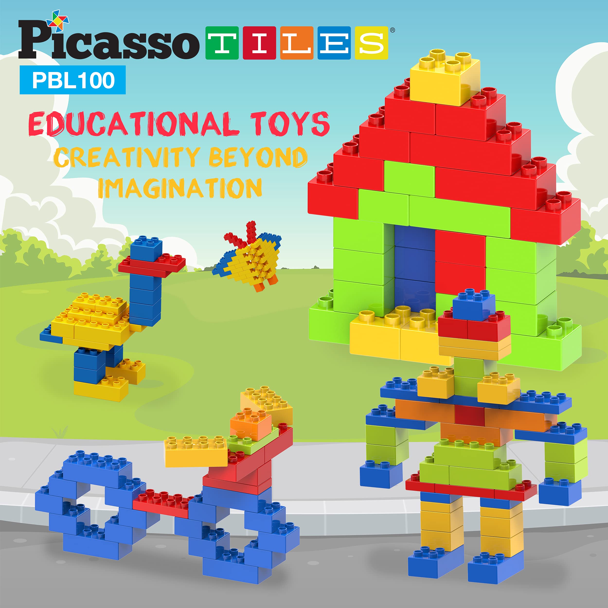 PicassoTiles mix-and-match building bricks for imaginative cityscapes.