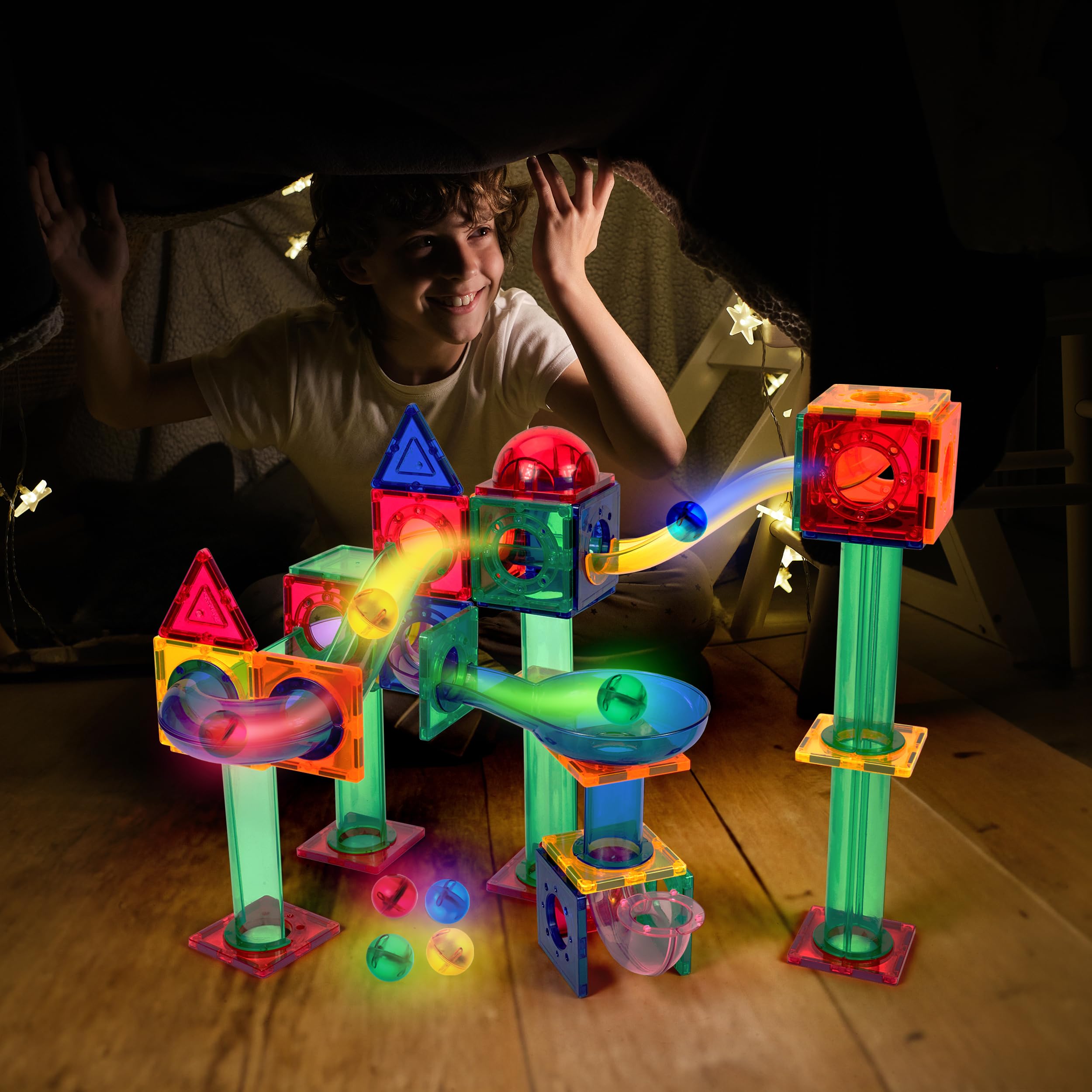 PicassoTiles motion-activated marbles light up as they move during play.