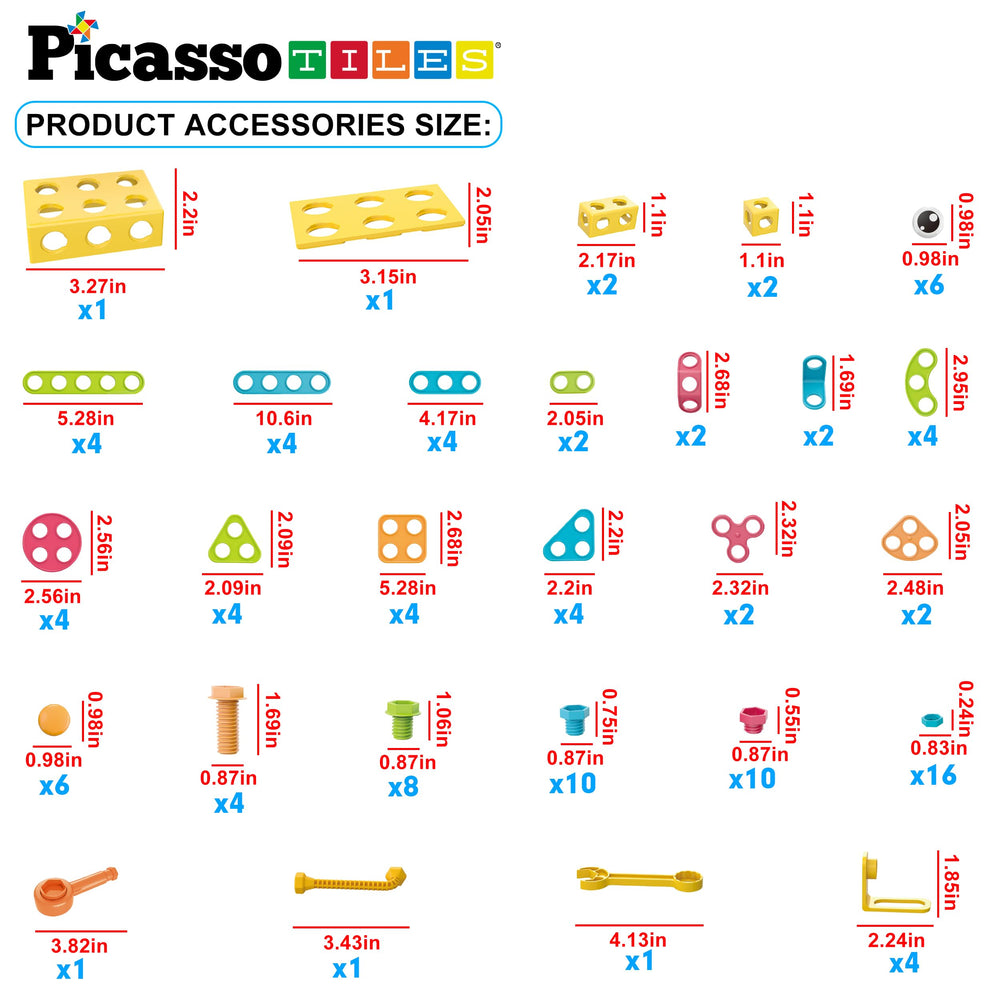 PicassoTiles nuts and bolts expand construction options with 48 unique connectors for problem solving.