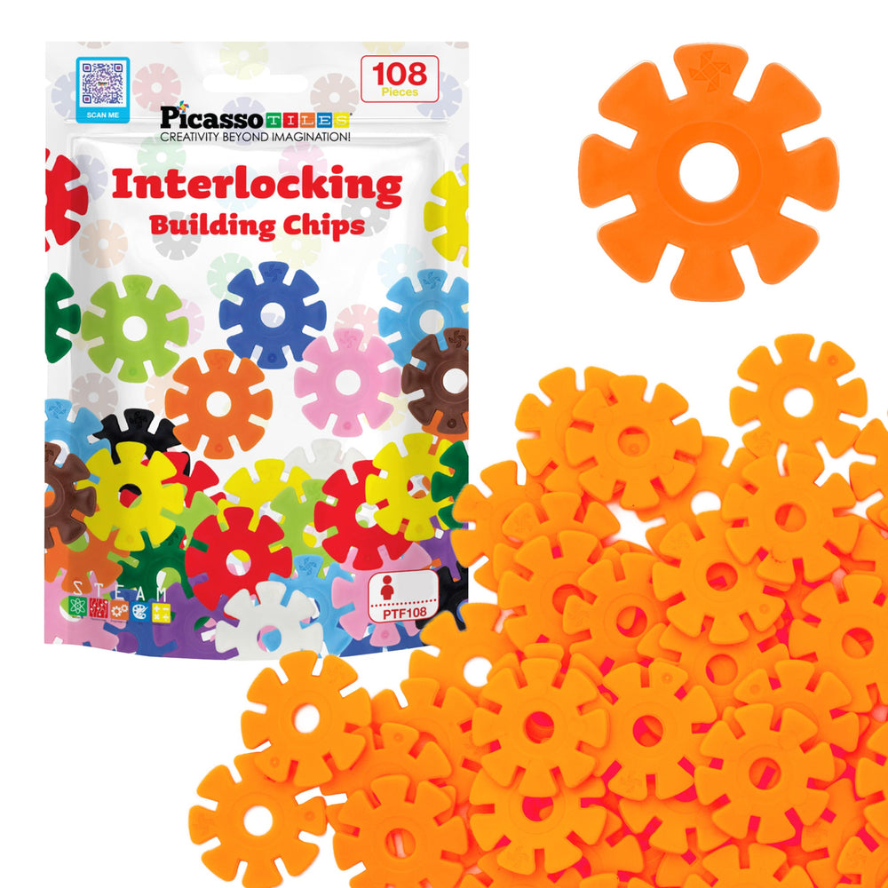 PicassoTiles orange-disc interlock 108p demonstrates playful construction and creative exploration.