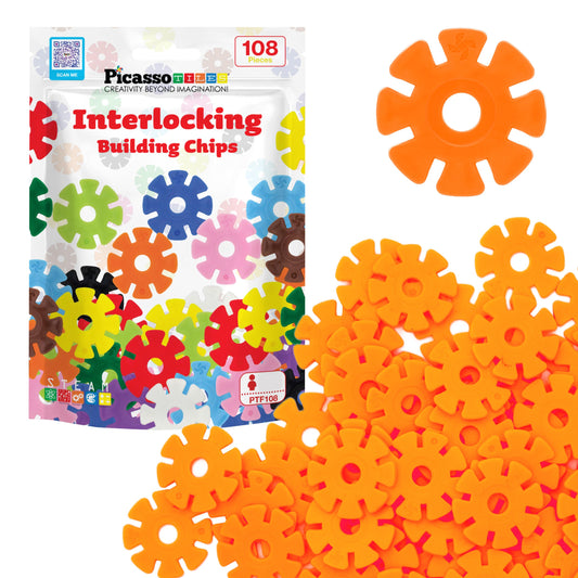 PicassoTiles orange-disc interlock 108p demonstrates playful construction and creative exploration.