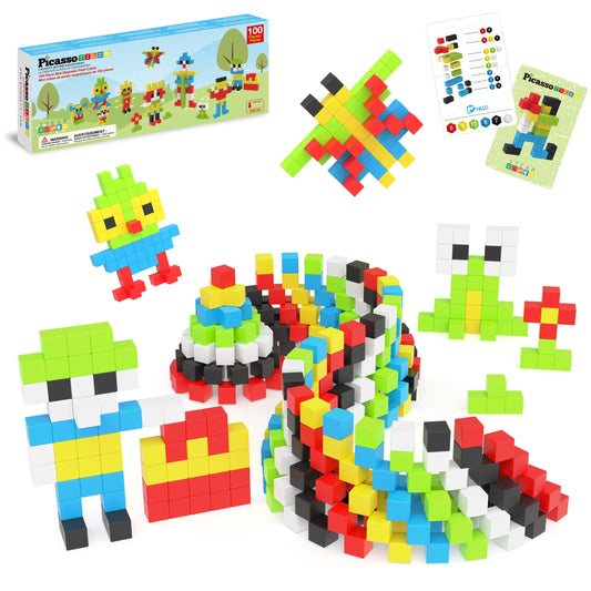 PicassoTiles Pixel Cubes assembly shows vibrant blocks for hands-on STEM creativity.