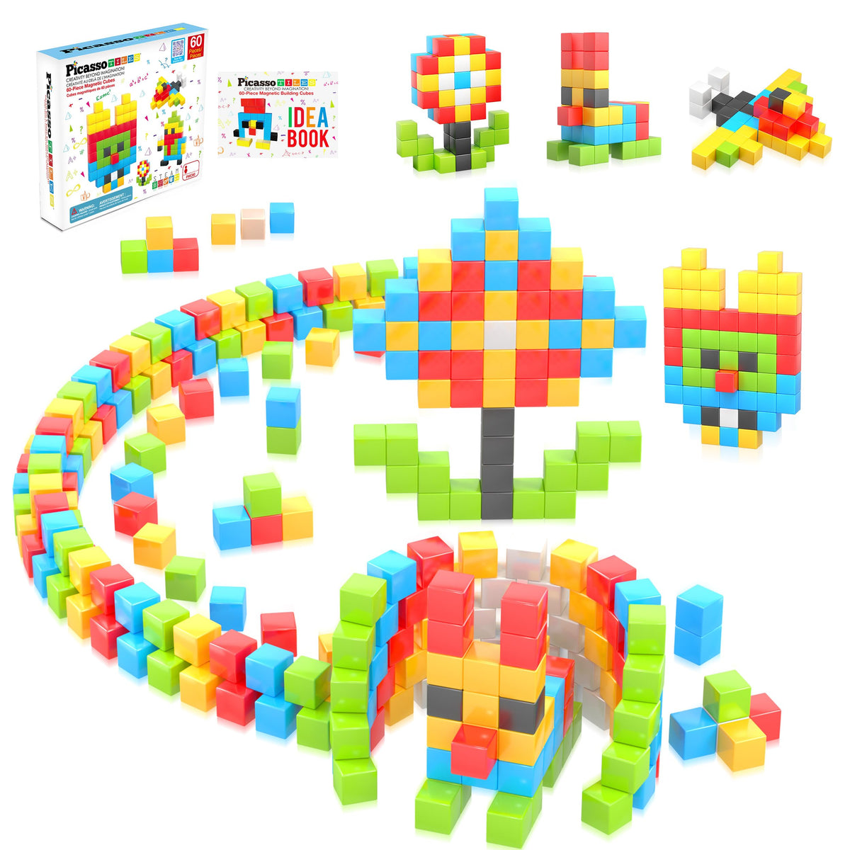 PicassoTiles PMC60 magnetic cubes 1-inch builds spark creativity and hand-eye coordination.
