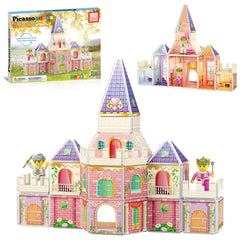PicassoTiles princess castle build shows colorful tiles for creative pretend play and problem solving