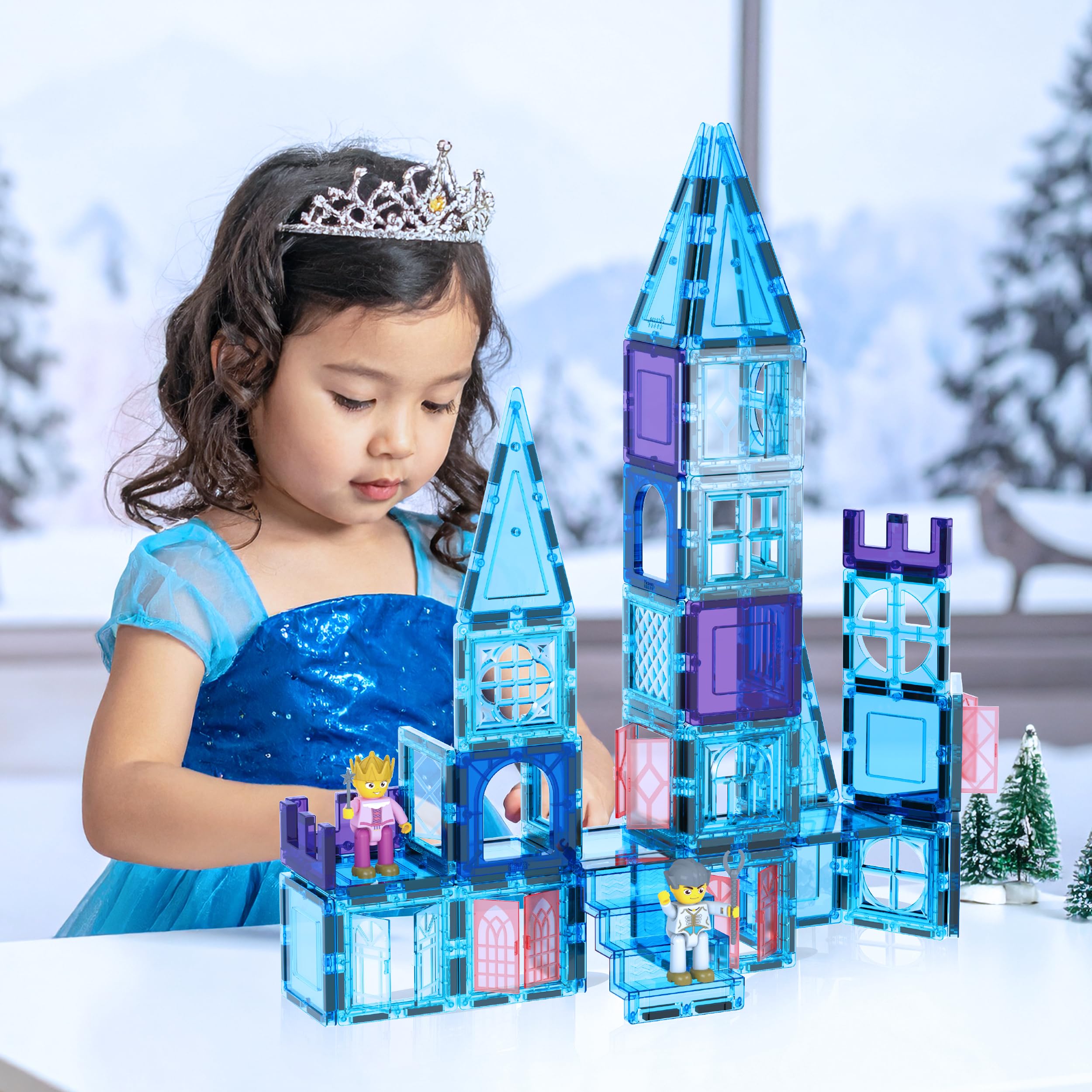 PicassoTiles princess prince figures enhance storytelling during castle play.