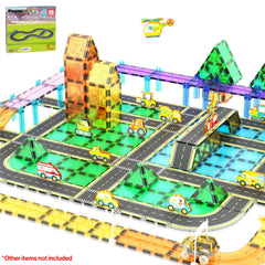 PicassoTiles printed road tiles create a colorful highway layout for imaginative play.