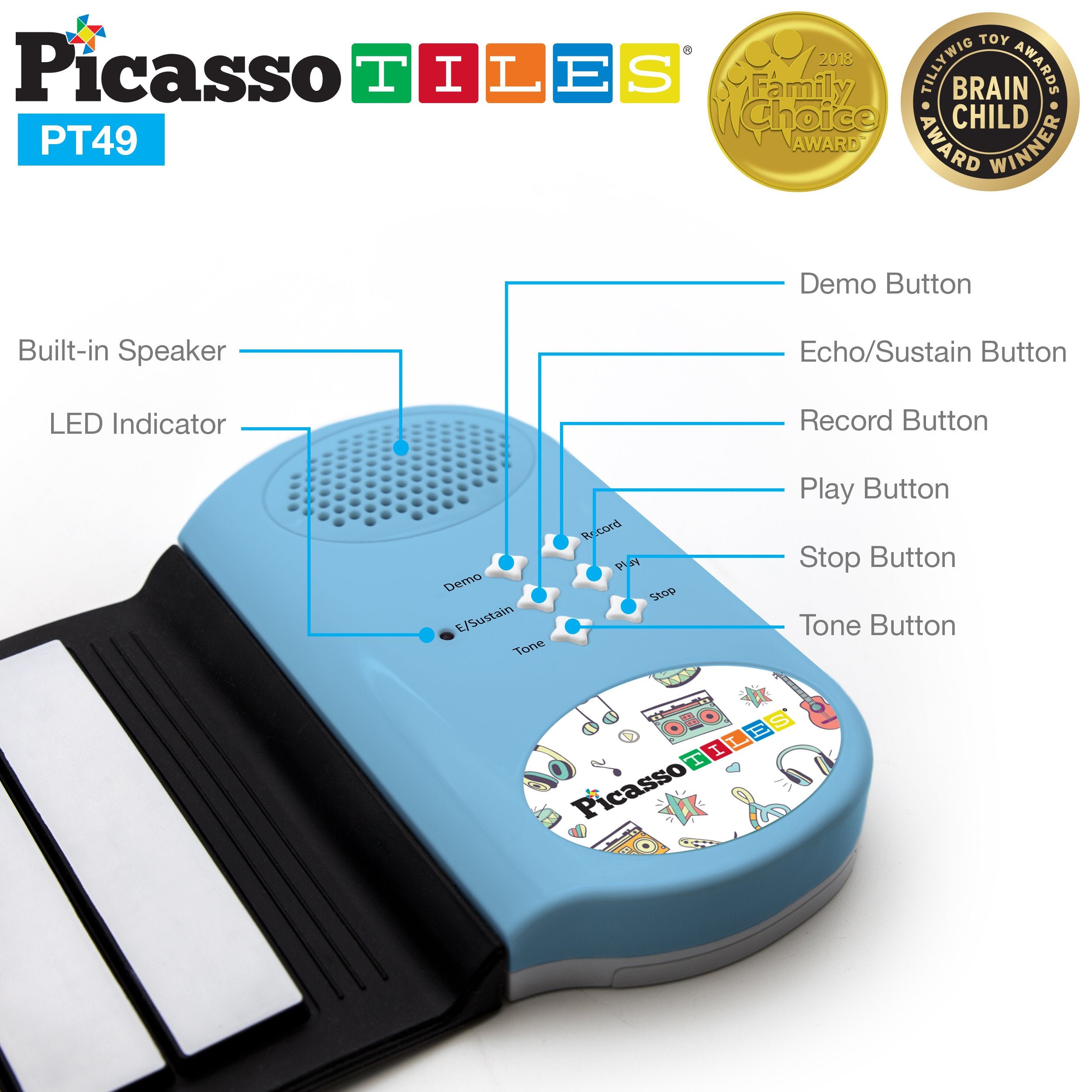 PicassoTiles PT49 recording feature blue, capture kids' musical ideas.