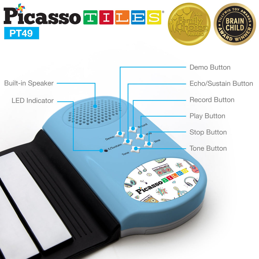 PicassoTiles PT49 recording feature blue, capture kids' musical ideas.
