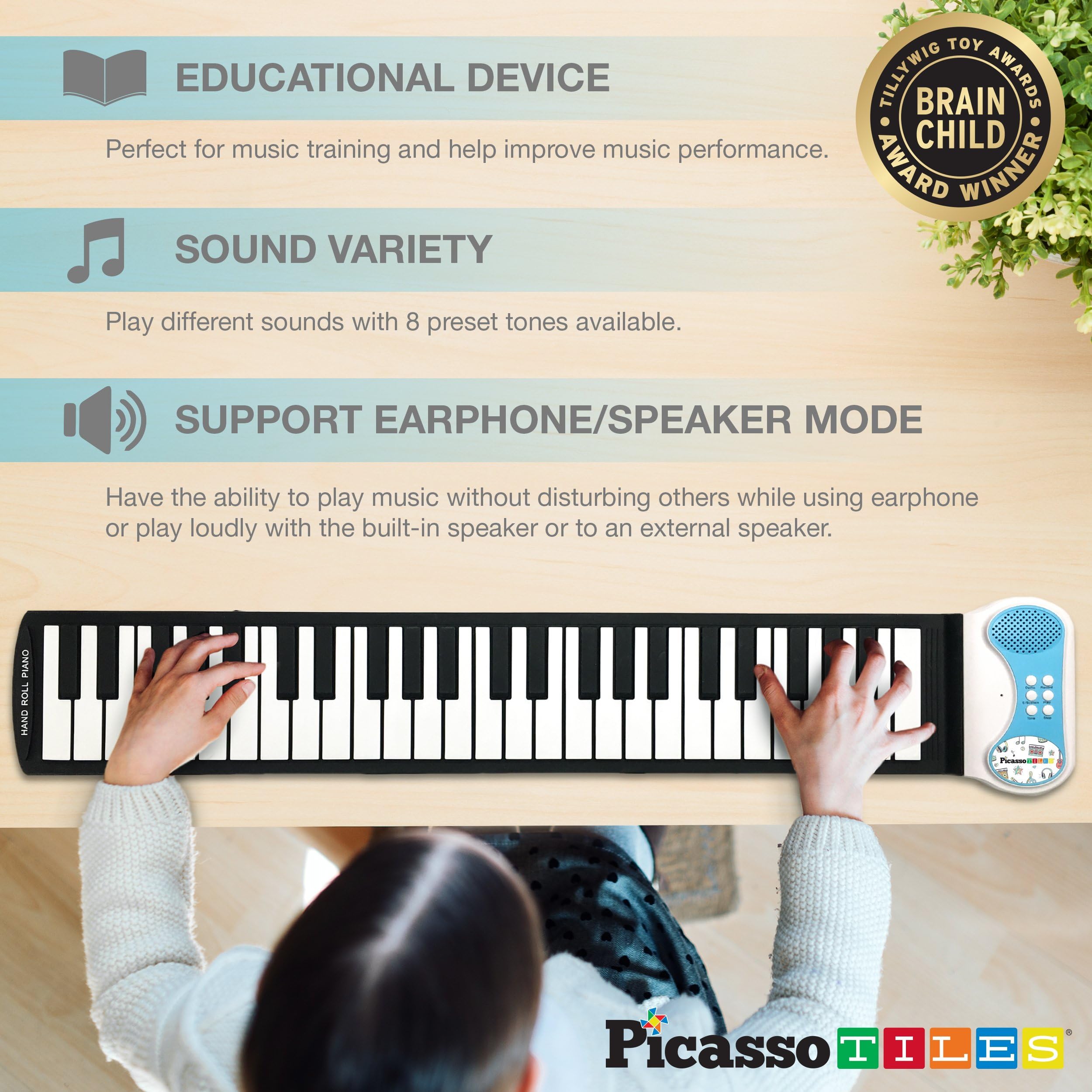 PicassoTiles PT49 blue roll-up piano offering 8 tones for varied soundscapes.