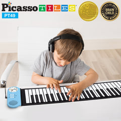 PicassoTiles PT49 unfoldable blue piano with 49 keys for hands-on learning.