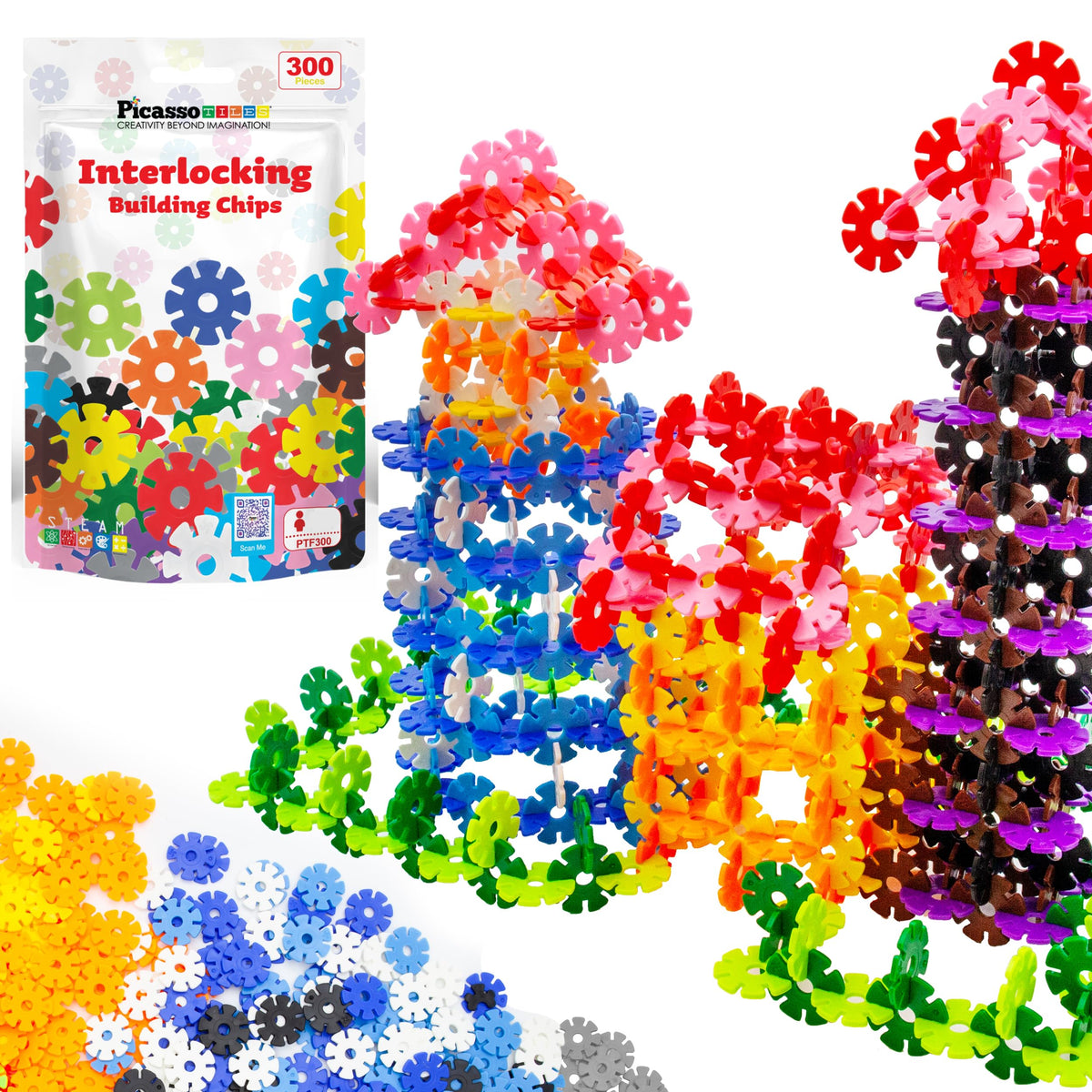 PicassoTiles PTF300 12-color disc set close-up for creative play and color recognition.