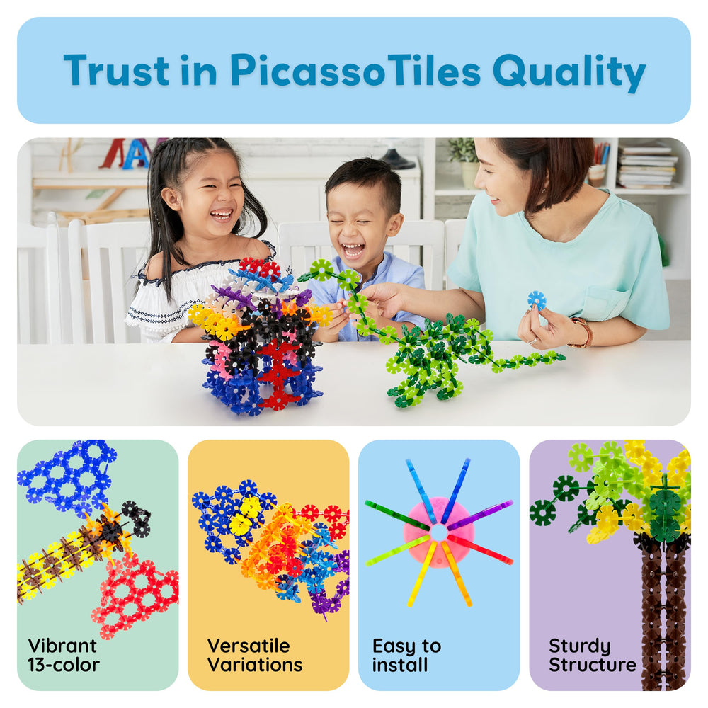 PicassoTiles durable plastic discs for long-lasting play sessions.