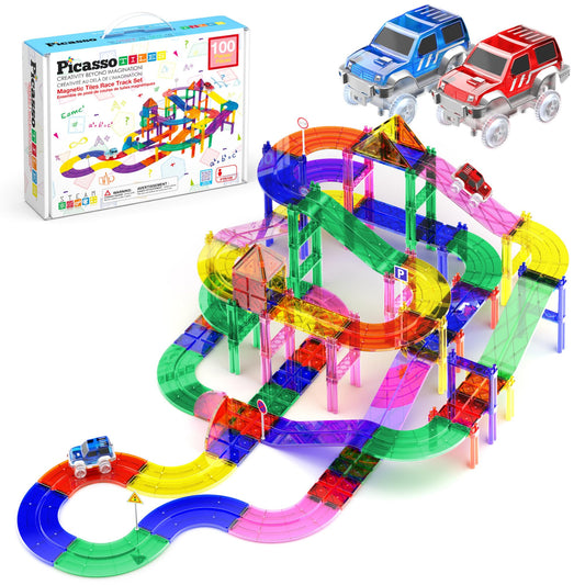 PicassoTiles PTR100 magnetic race track tiles enabling multi level 3D builds.