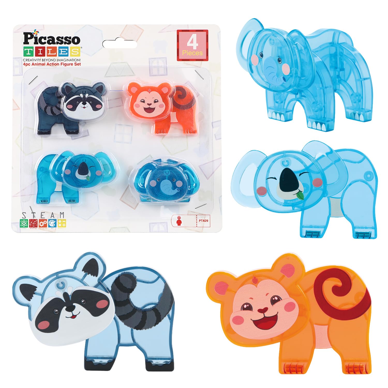 PicassoTiles raccoon action figure with magnetic feet for mix-and-match play.