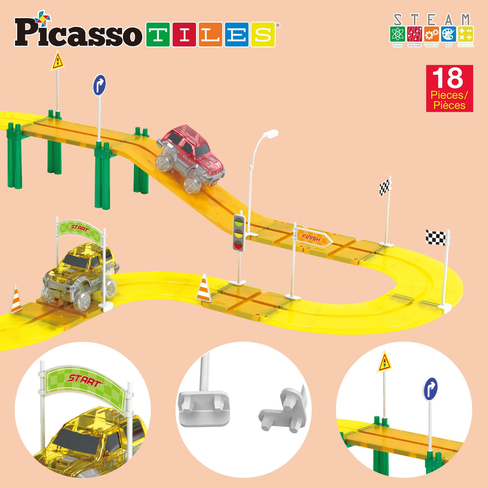 PicassoTiles race car structure augments enable customized builds and storytelling.