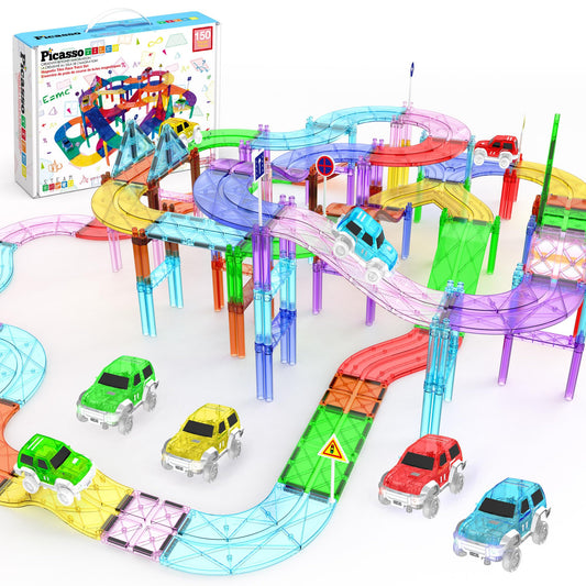 PicassoTiles race car track setup with magnetic tiles for hands-on STEM exploration.