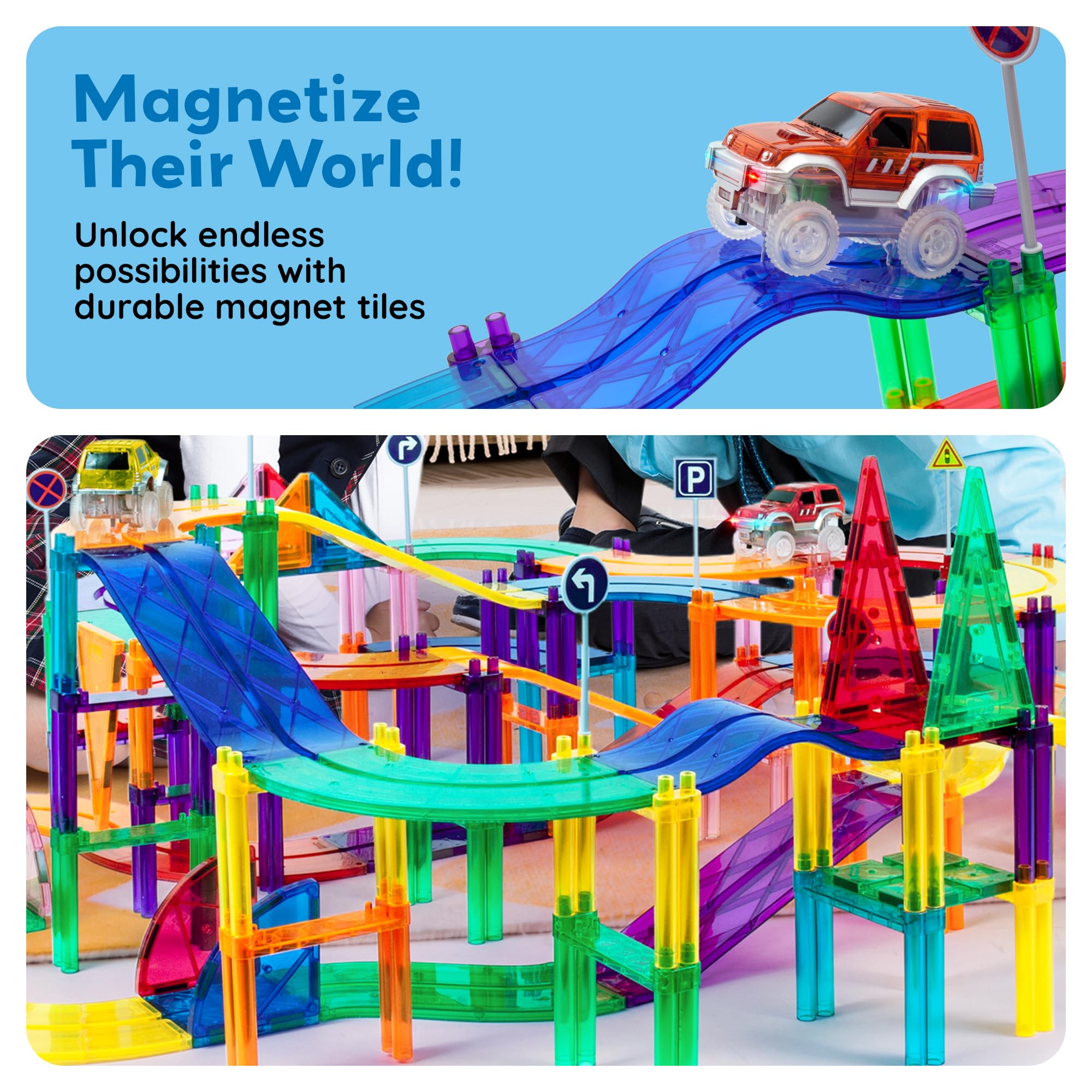 PicassoTiles race track add-on setup ideas for classroom or family STEM play