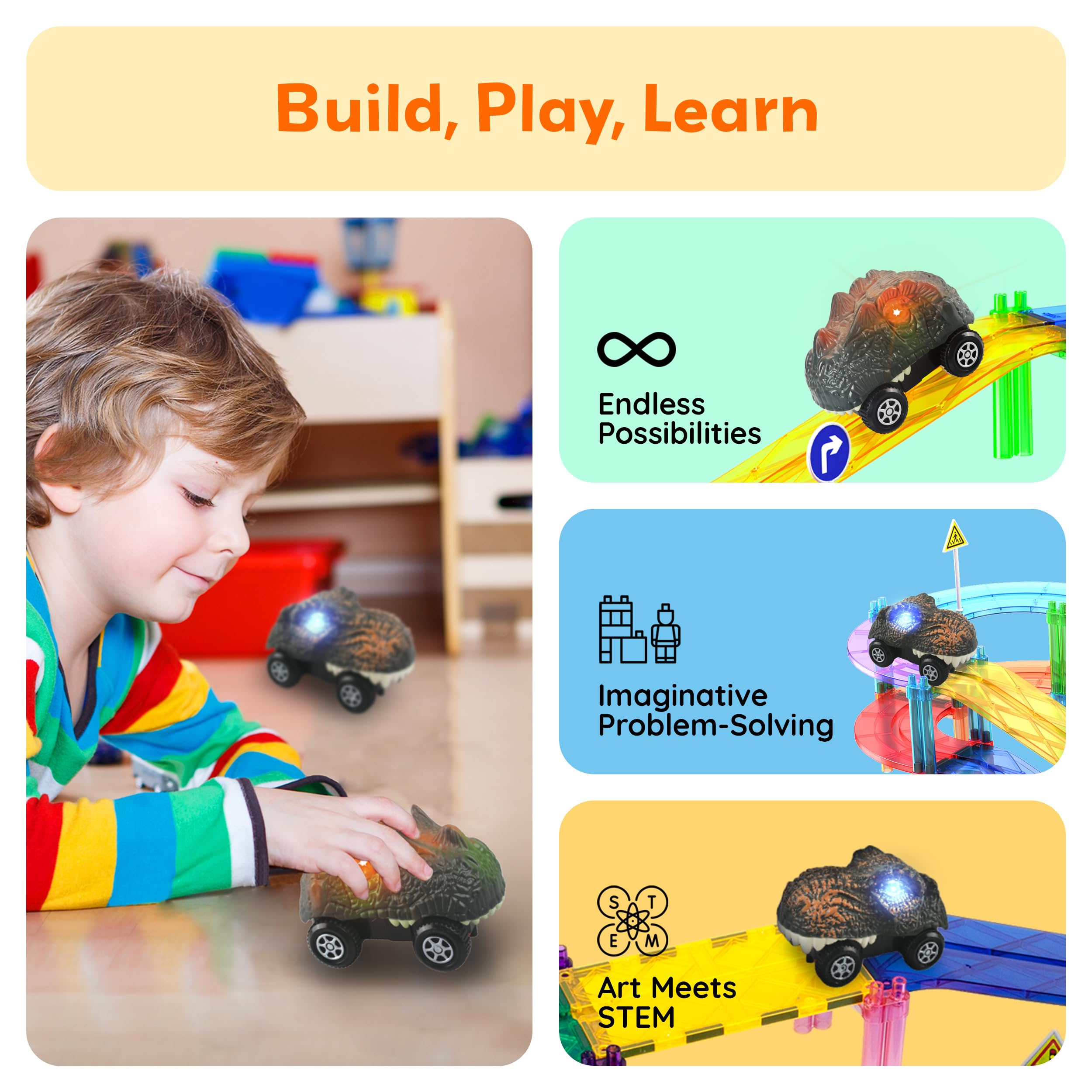 PicassoTiles race track assembly aids creative design and spatial thinking.