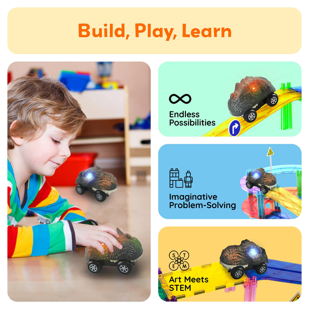 PicassoTiles race track assembly aids creative design and spatial thinking.