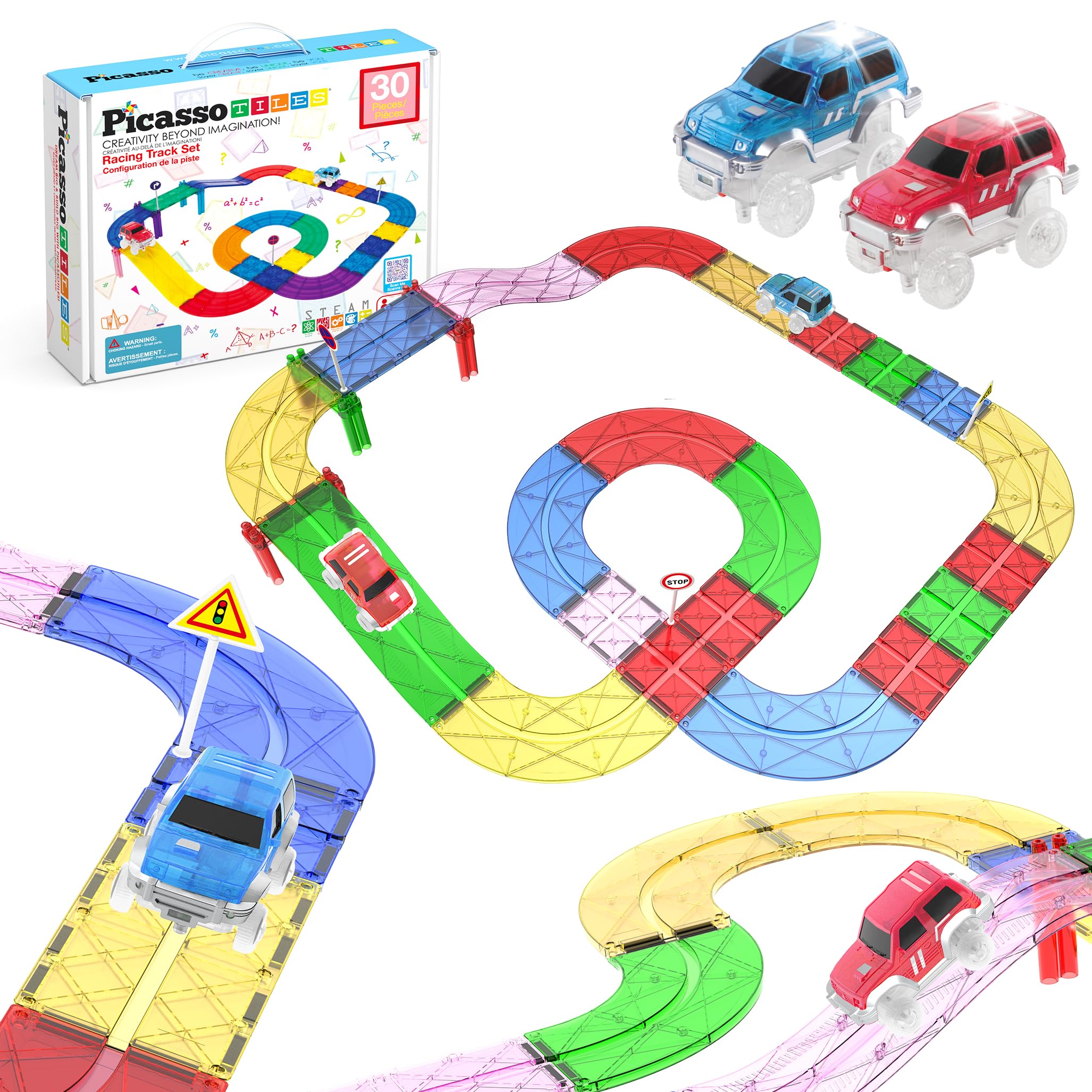 PicassoTiles race track cars offer vivid magnetic tiles for imaginative racing play.
