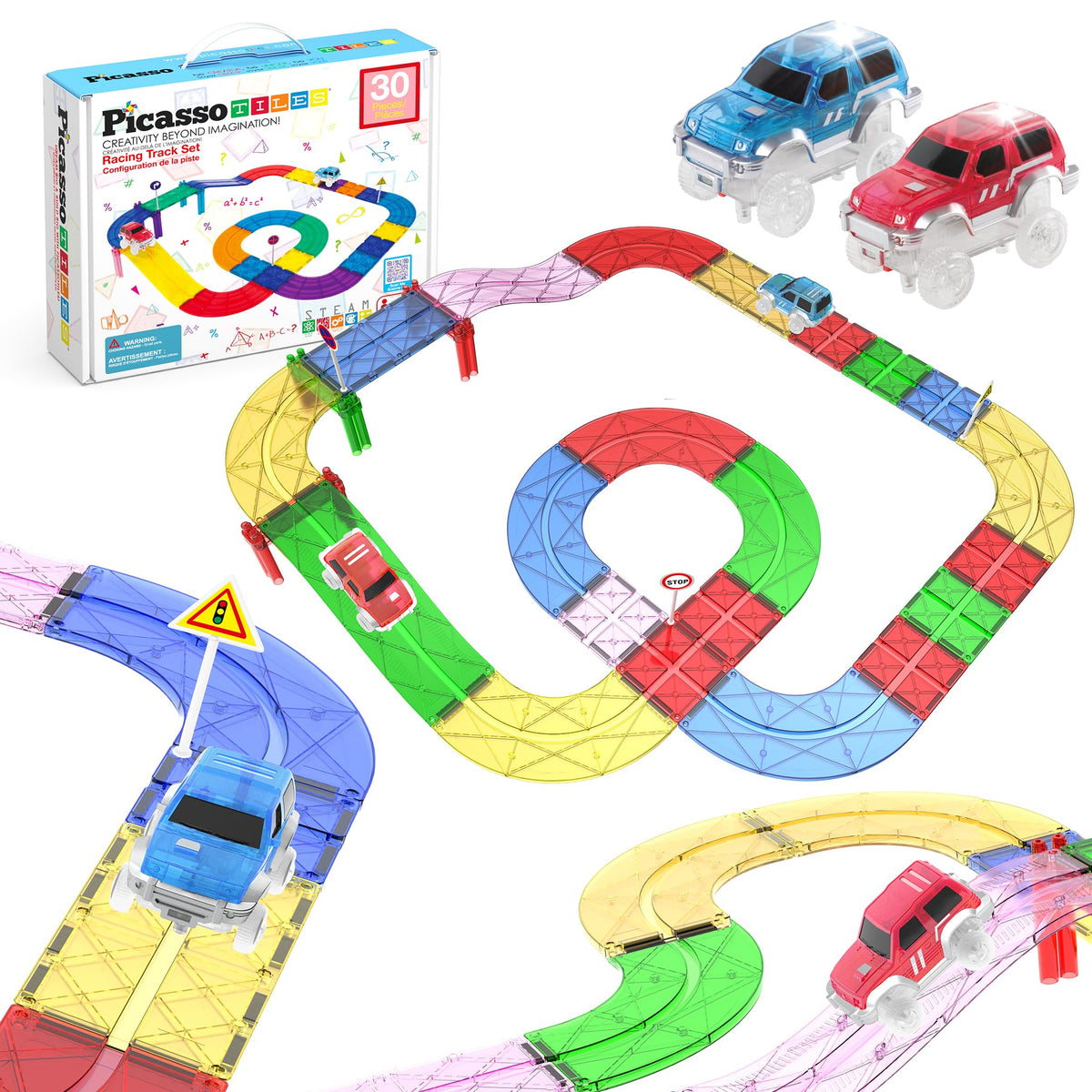 PicassoTiles race track cars offer vivid magnetic tiles for imaginative racing play.
