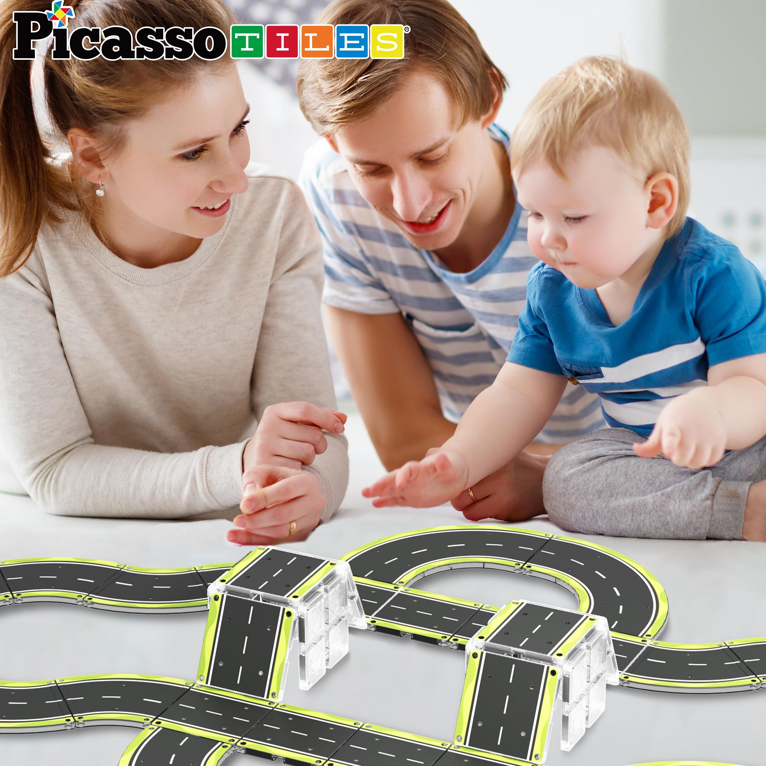 PicassoTiles race track connection demonstrates seamless integration with compatible sets.