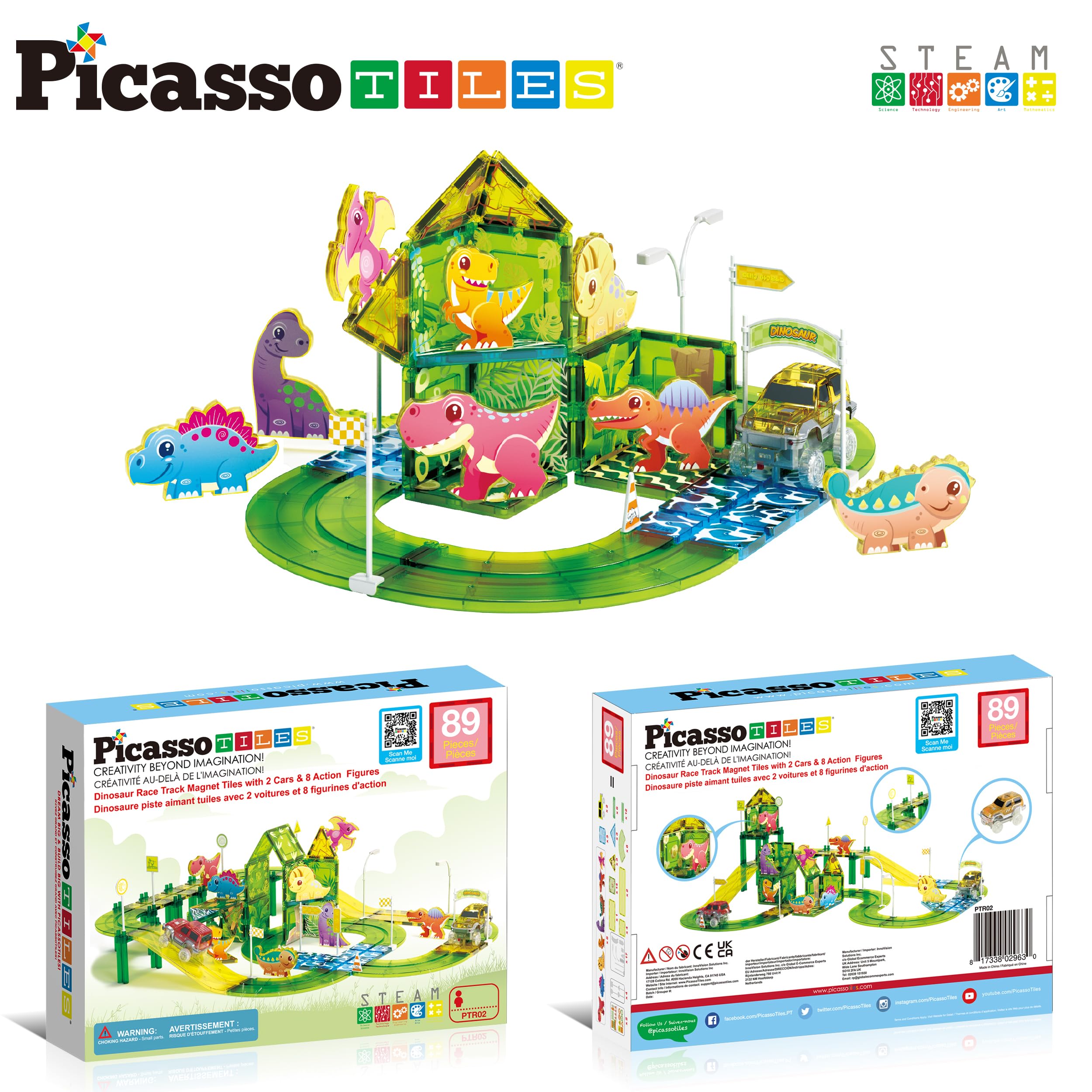 PicassoTiles racecar set with two cars speeds imaginative racing play.